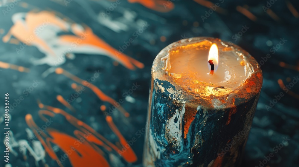 Poster close up of an illuminated candle on an abstract colorful background highlighting tranquility and wa