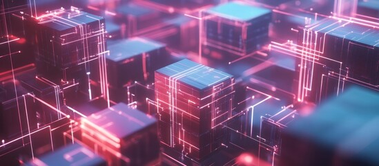 Abstract digital network with glowing cubes and lines.