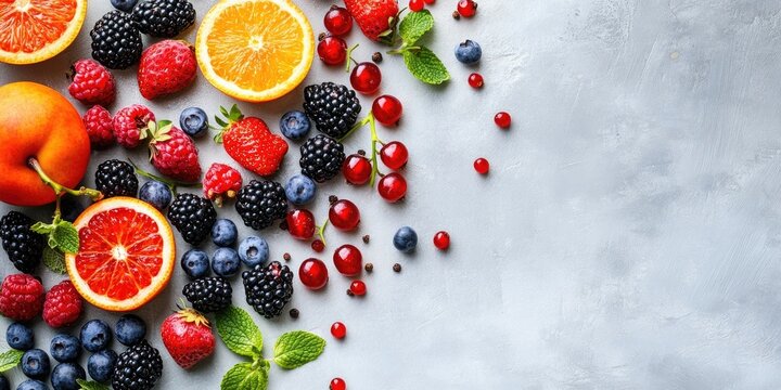 Vibrant flat lay of assorted summer fruits including oranges, raspberries, and blueberries on a light gray background with ample copy space