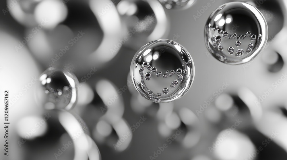 Poster glossy silver bokeh background with abstract bubble shapes creating a shimmering and elegant atmosph