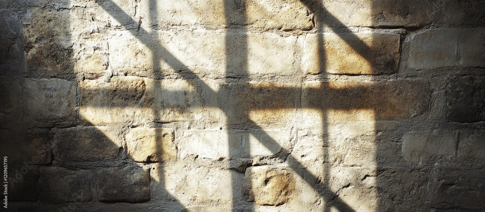 Poster artistic shadow patterns of shutter blinds on a textured wall creating a harmonious interplay of lig