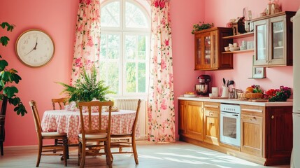A serene tea rose kitchen and living room with airy curtains, wooden furniture, and natural greenery