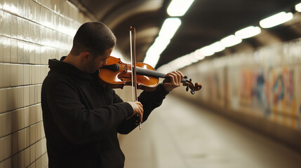 Lone Musician Playing Violin in Subway Tunnel with Graffiti