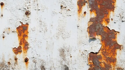 Rusty texture on a white wall with peeling paint, ideal for backgrounds in design, art, or industrial themes.