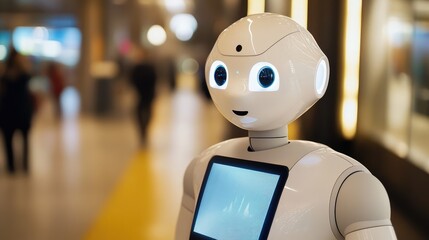 Humanoid Robot with Interactive Screen in Bright Urban Environment Showcasing AI Applications and Technology Integration in Daily Life