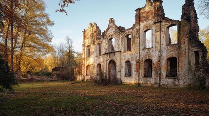 Naklejka premium Ruins of an ancient manor surrounded by autumn trees in a serene landscape showcasing the passage of time and nature's reclamation.