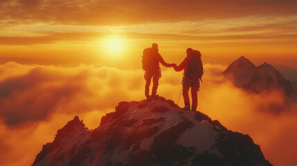 Two climbers support each other on a rugged peak, embodying teamwork and resilience in challenging moments