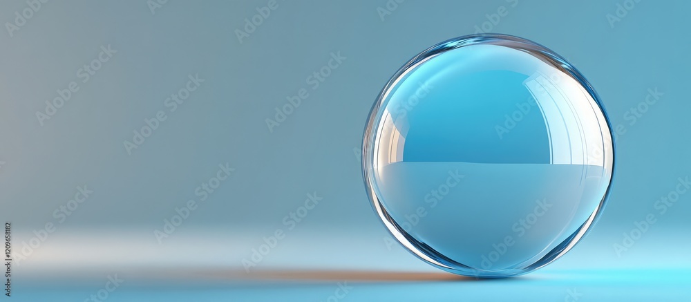 Poster elegant transparent sphere with soft blue reflections on smooth gradient background with space for t