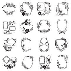 Set of elegant calligraphic botanical design elements, floral frame and graceful branches. Botanical feminine rustic vector illustration. Wedding wildflowers for invitation save the date card. 