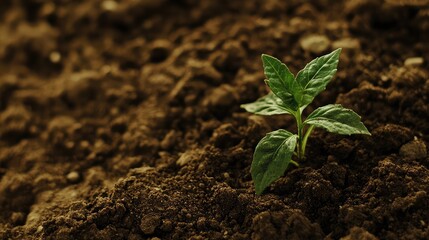 Green Seedling Emerging from Dark Rich Soil Representing Growth and Agricultural Development in Nature Environment