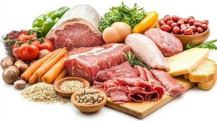 Diverse Array of Fresh Ready to Eat Foods Including Meats Vegetables and Grains on Wooden Surface with Green and Red Colors