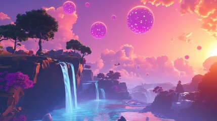 Obraz premium Surreal sunset landscape with waterfalls, vibrant pink sky, floating orbs, and lush vegetation.