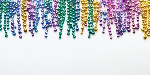 Vibrant Mardi Gras beads in blue green purple pink yellow and gold cascading from the top against a white background creating ample copy space