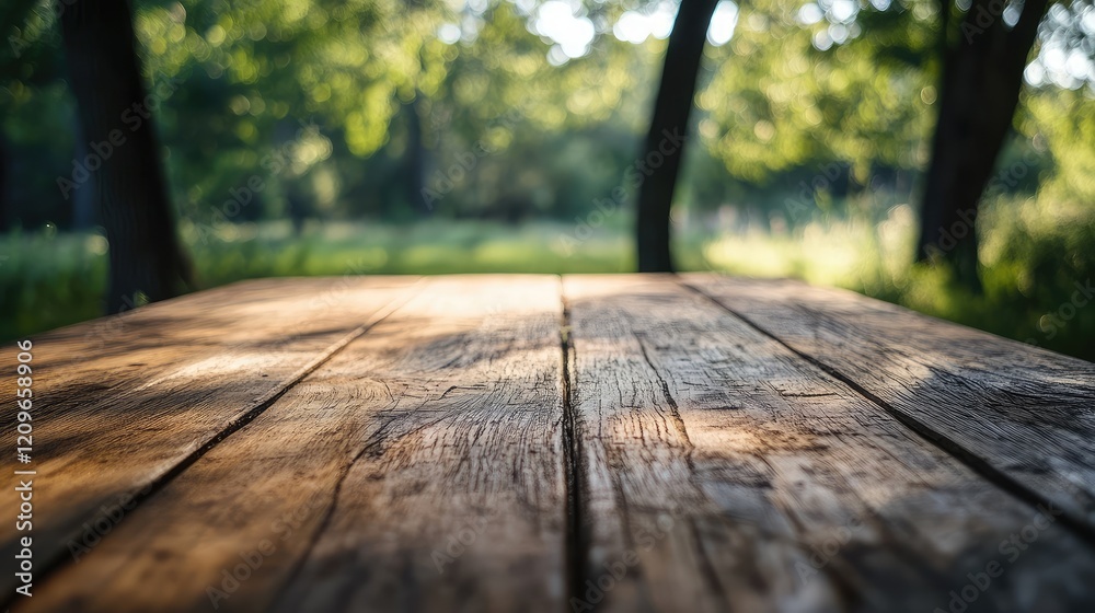 Poster natural light on rustic wooden table in forest setting with green blurred background and soft shadow