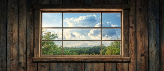Fototapeta premium Rustic wooden wall with window showcasing clouds over a serene forest creating a peaceful natural atmosphere