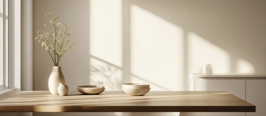 Serene Neutral Toned Dining Table Surrounded by Soft Light and Minimalist Kitchen Decor Offering Blank Space for Text Elements