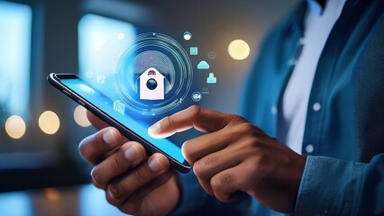 A man's hand presses a notification button on a smartphone app, highlighting mobile alerts and home security features. This image demonstrates the integration of technology into everyday life.