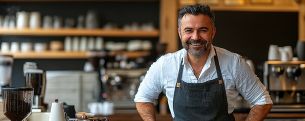 Portrait of a smiling barista preparing coffee in a trendy urban cafe.