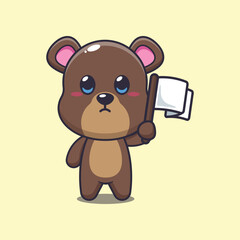 bear mascot cartoon character vector illustration with white flag.