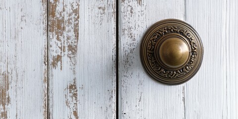 Vintage bronze door knob centered on a weathered white wooden background with distressed texture and ample copy space on the left side.