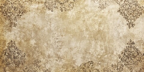 Fototapeta premium Textured vintage wallpaper with faded golden hues and intricate dark brown floral patterns on a distressed parchment-like background