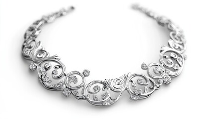 Obraz premium Elegant silver necklace with intricate design and sparkling diamonds on a white background showcasing luxury and sophistication.