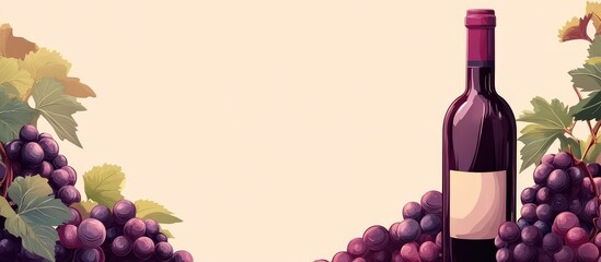 Red wine bottle surrounded by ripe purple grapes in lush vineyard setting with beige background for text advertising and promotional use