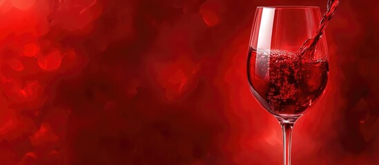 Rich red wine cascading into a crystal glass against a vibrant red background with motion blur soft light highlights and ample empty space for text.