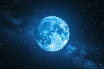 Fototapeta premium Bright blue moon glowing in the starry night sky with the Milky Way galaxy stretching across the background