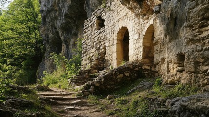 Fototapeta premium Ancient stone ruins nestled at the base of a rocky cliff surrounded by lush greenery and a winding path