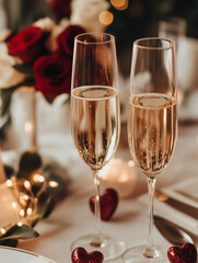 Romantic Valentine's Day setup with flowers, wine and chocolate