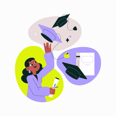 Female Graduate Tossing Graduation Cap In Flat Vector Illustration Symbolizing Academic Achievement, Celebration, And Success, Isolated On White Background