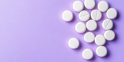 White water softener tablets scattered on a violet background in a flat lay arrangement with ample blank space on the left for text insertion.
