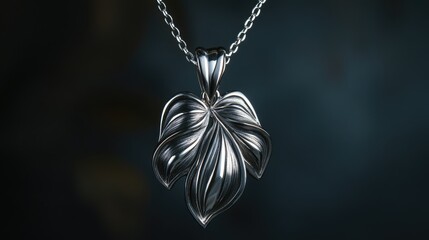 Silver leaf pendant on delicate chain showcasing intricate details and elegant design against a dark background for jewelry advertising.