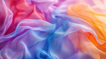 Obraz premium Colorful silk fabric texture with soft drapes and smooth gradients in shades of pink, blue, and orange for elegant backgrounds.