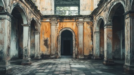 Ruins of an ancient historical theater showcasing architectural details and weathered stone work in a serene environment