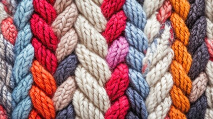 Colorful braided knitted scarf texture for seamless background design in textiles and fashion projects.