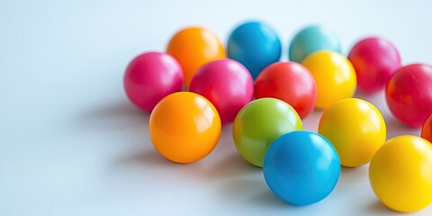 Colorful assortment of bright toy balls in vibrant pink, green, orange, blue, and yellow scattered on a soft white background with shallow focus.