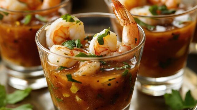 Seafood Shooters with Shrimp and Savory Sauce Garnished with Fresh Herbs in Elegant Glasses
