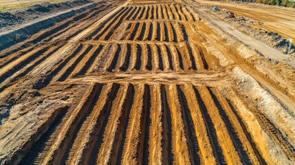 Obraz premium Furrow Row Pattern in Plowed Field Soil Preparation for Crop Planting Agriculture