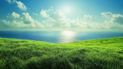 Obraz premium Serene sea view from a lush grassy hill under a vibrant blue sky with fluffy clouds and glimmering water reflections