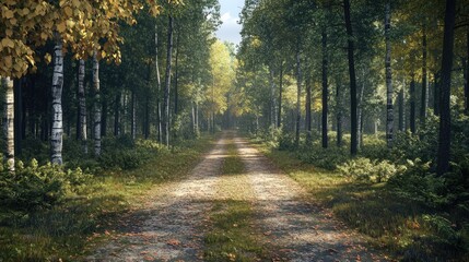Fototapeta premium tranquil countryside forest road surrounded by lush foliage and tall trees creating a serene perspective in nature landscape