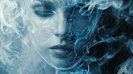 A white smoke pattern with blue lines, a gray background.