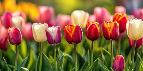 Colorful tulip field in spring with vibrant red, pink, and white flowers arranged in a row against a soft green background illuminated by sunlight