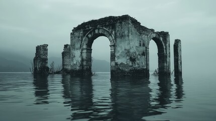 Serene view of ancient ruins partially submerged in tranquil water with a misty backdrop and ample copy space for creative use.
