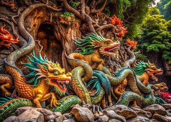Obraz premium Dragon Sculptures Swarm Marble Mountain Tree, Da Nang, Vietnam - Conceptual Photography