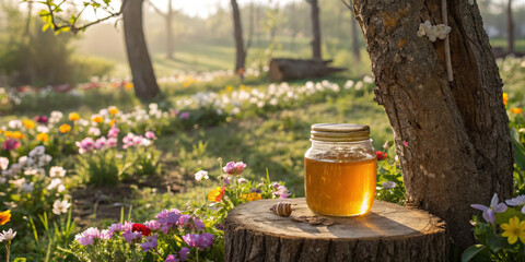 A Jar of Honey on a Tree Stump Surrounded by Flowers, Symbolizing Nature's Sweetness