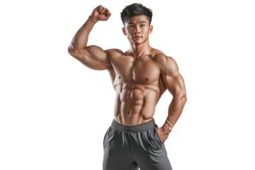 PNG Muscular man in gray shorts flexing arms,