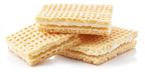 Fototapeta premium Vanilla wafer cookies stacked on a polished white surface with a light beige hue and a textured pattern, showcasing the creamy filling.
