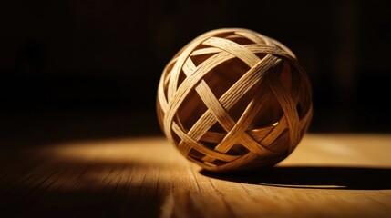 Rubber band ball illuminated by dramatic spotlight showcasing texture and intricate patterns on a wooden surface